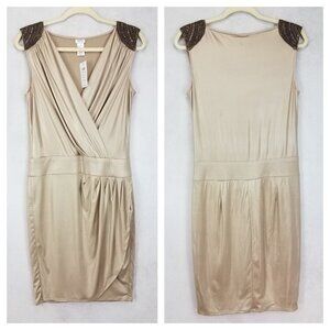 NEW Cache Size M Embellished Shoulders Sheath Dress in Gold NWT $138 w flaw